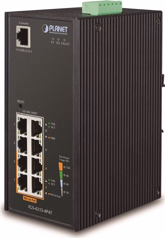 Planet IGS-4215-4P4T průmyslový L2 switch, 8x1Gb, 4x PoE 802.3af 140W, 48-54VDC, -40~75°C, IP30