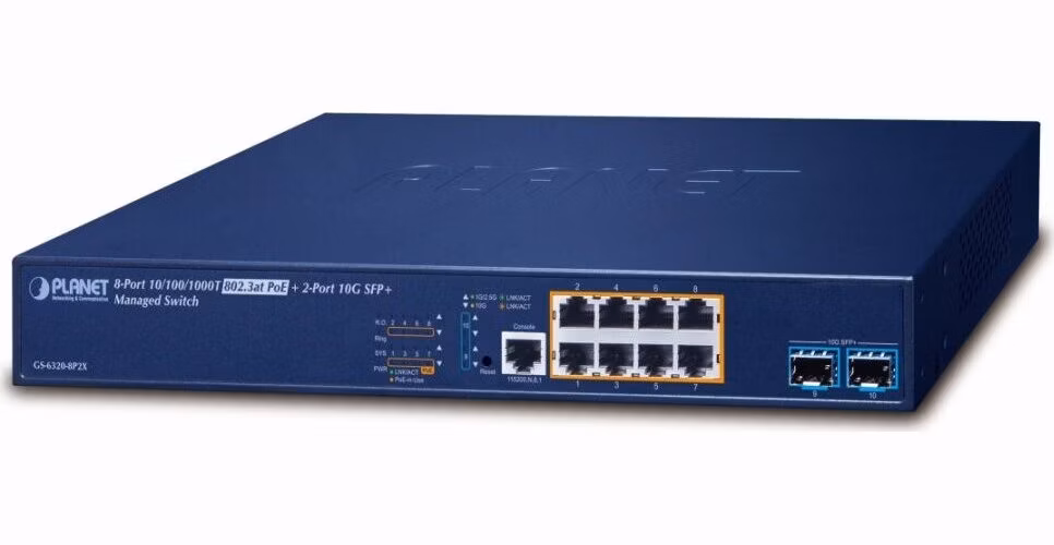 Planet GS-6320-8P2X L3 switch, 8x1Gb, 2x10Gb SFP+, 8x PoE 802.3at 120W