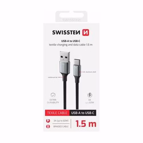 SWISSTEN DATOVÝ KABEL TEXTILE II USB / USB-C 1,5 M ČERNÝ