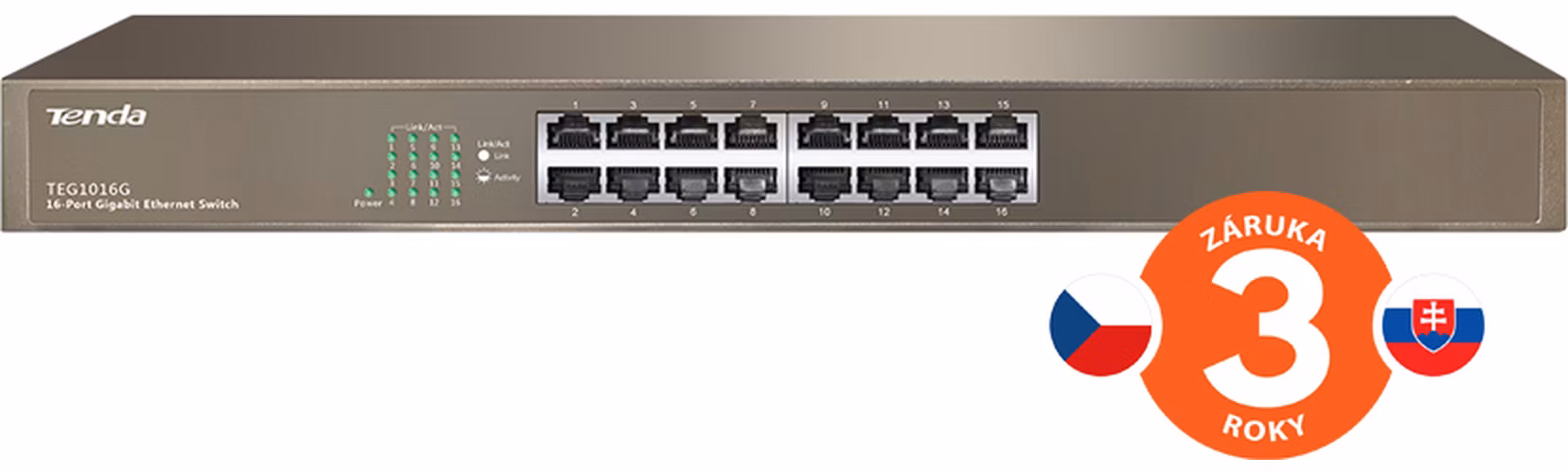 Tenda TEG1016G 16-port Gigabit Switch, 16x 10/100/1000 Mb/s, Fanless, MAC 8K, aj na stenu, Rackmount