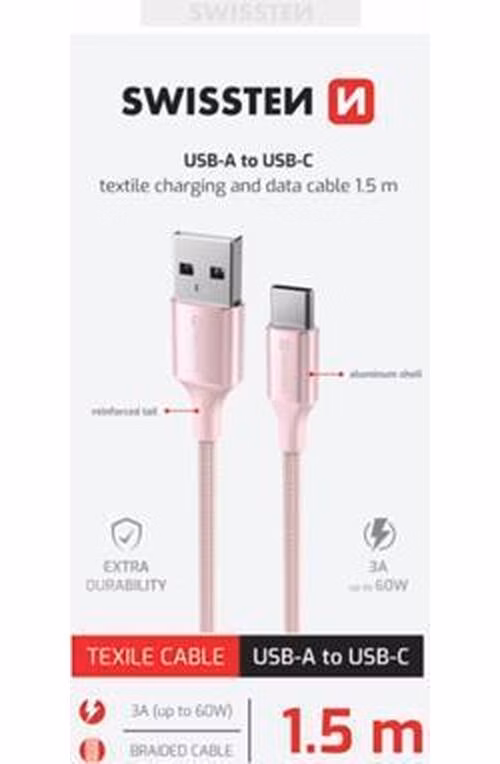 SWISSTEN DATOVÝ KABEL TEXTILE II USB / USB-C 1,5 M RŮŽOVÝ