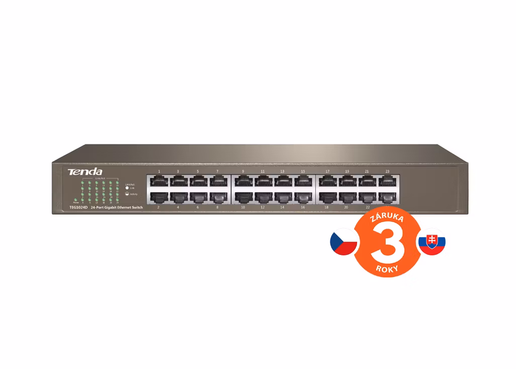 Tenda TEG1024D 24-portový gigabitový ethernetový prepínač, 10/100/1000 Mb/s, bez ventilátora, montáž do racku