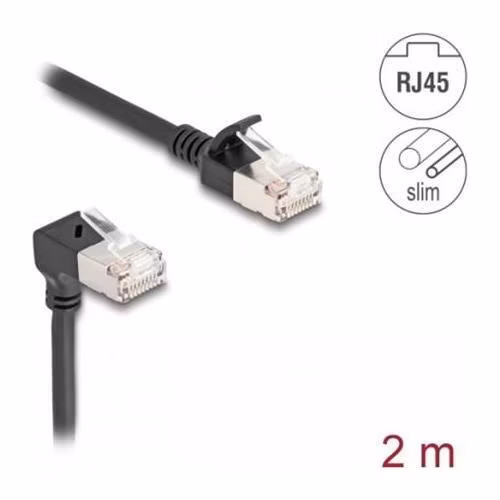 Delock Síťový kabel RJ45 Cat.6A S/FTP, Slim, zalomený dolů o 90° / přímý, 2 m, černý