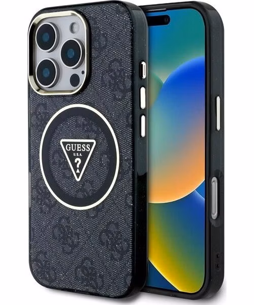 Guess IML 4G Glitter and Triangle Logo MagSafe kryt iPhone 16 Pro Max čierny