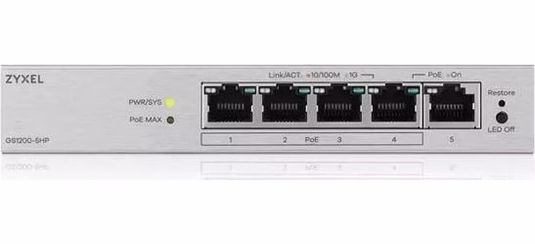 Zyxel GS1200-5HP v3, 5 Port Gigabit PoE+ webmanaged Desktop Switch, 4x PoE, 68 Watt