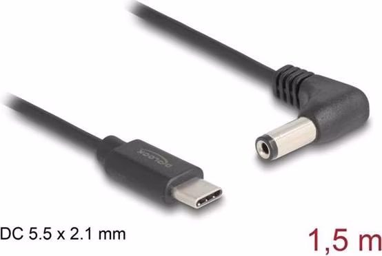 Delock Napájecí kabel z konektoru USB Type-C™ na stejnosměrný konektor 5,5 x 2,1 mm, pravoúhlý, 1,5 m