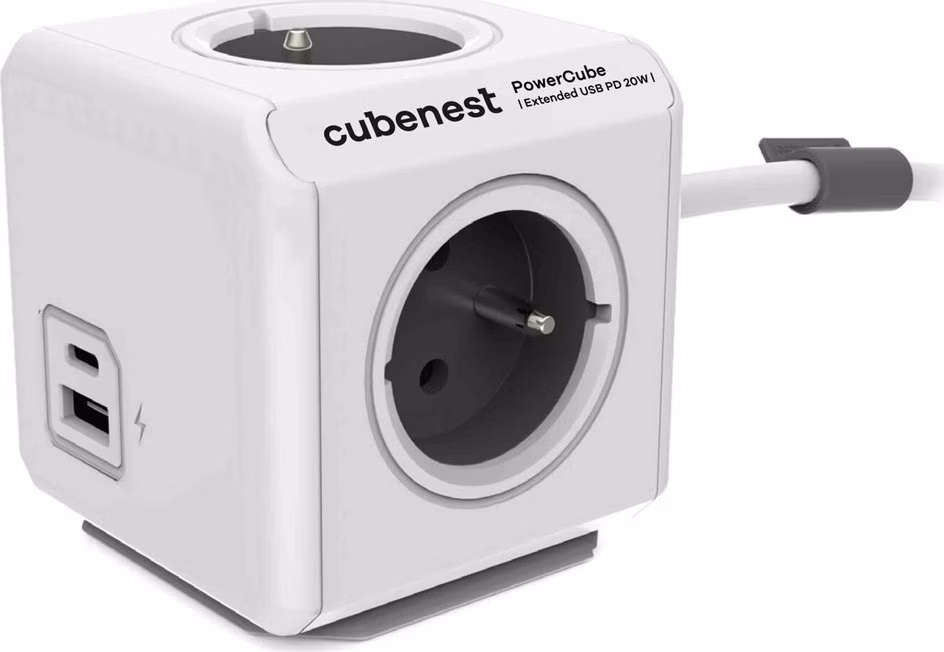 Cubenest Powercube Extended USB PD 20W, A+C, 4× zásuvka, 1,5m, bílá/šedá,  dětská pojistka, uzemnění, dok, 10A/250V