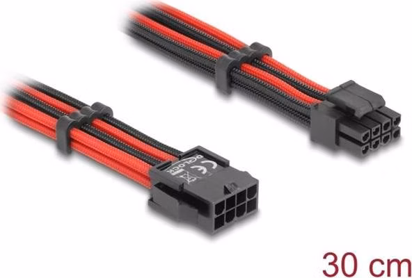 Delock Prodlužovací kabel z 8-pinové zástrčky EPS na 4 + 4-pinovou zásuvku EPS, s textilním opletením, červenočerný