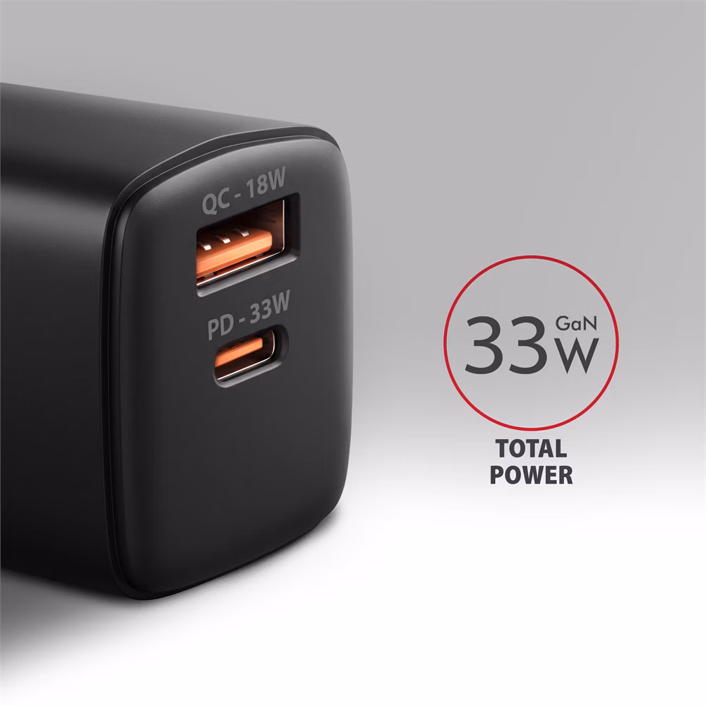 AXAGON ACU-PQ33, GaN nabíjačka do siete 33W, USB-A+USB-C, PD3.0/PPS/QC4+/SFC2.0/Apple, čierna