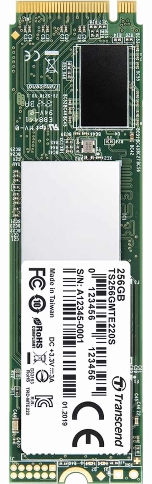 TRANSCEND MTE220S 256GB SSD disk M.2 2280, PCIe Gen3 x4 NVMe 1.3 (3D TLC), 3300MB/s R, 1250MB/s W
