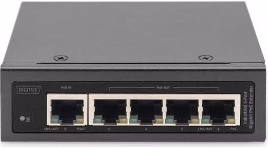 DIGITUS Industrial 5-Port Gigabit PoE Extender 1-Port 802.3bt PoE to 4-port 802.3af/at