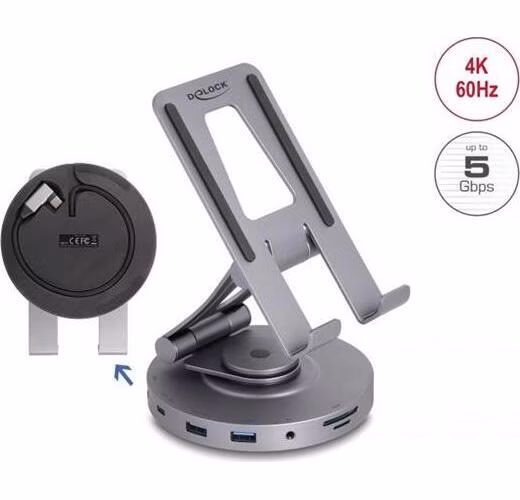 Delock Dokovací stanice pro tablety a laptopy, 4K, s integrovaným držákem - HDMI / USB / Hub / SD / Micro SD / PD 3.0