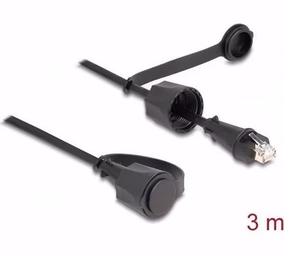 Delock Síťový kabel ze zástrčky RJ45 na zástrčku RJ45, Cat.6, STP, s ochrannou čepičkou, venkovní, IP68, prachotěsný a v
