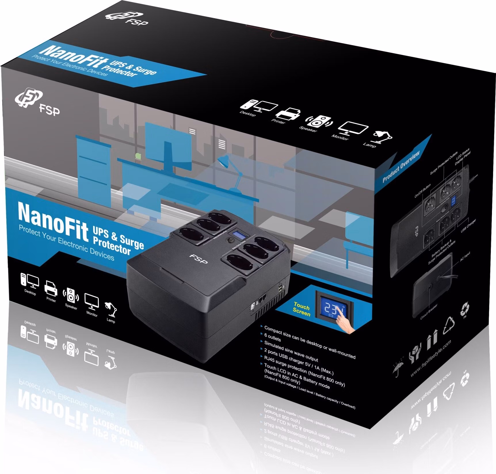 FSP UPS NanoFit 800, 800 VA / 480 W, 2xUSB power, LCD, RJ45, offline