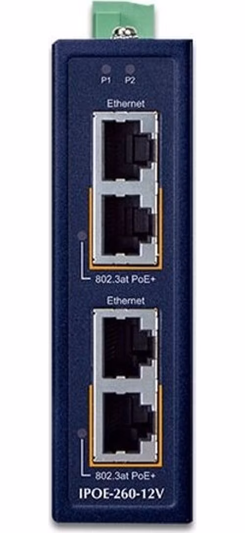 Planet IPOE-260-12V PoE průmyslový injektor, 2x port, 4x1Gb, 2x 802.3at 36/72W, DIN, IP30, -40~75°C, dual power 12-56VDC