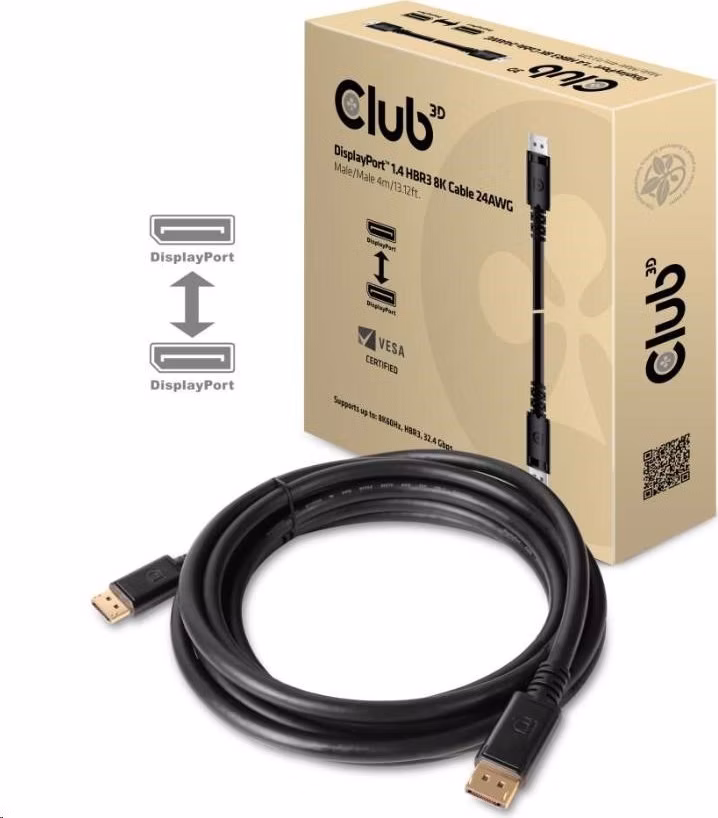 Club3D Kabel certifikovaný DisplayPort 1.4 HBR3, 8K60Hz (M/M), černé koncovky, 4m, 24 AWG