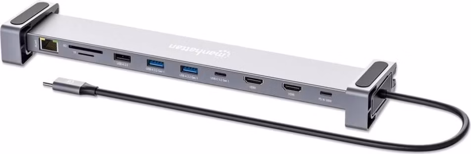 MANHATTAN Dokovací stanice USB-C 10v1, 2xHDMI, 2xUSB-C, 3xUSB, 1xRJ45, čtečka SD karet, šedá