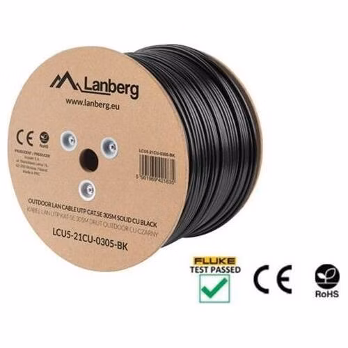 LANBERG LAN KABEL CAT.5E UTP 305M PEVNÝ VENKOVNÍ CU ČERNÝ FLUKE PASS