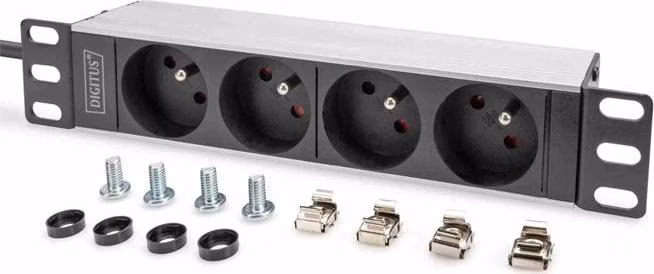 Digitus 1U hliníkové PDU, montáž do racku 254 mm (10"), 4x zásuvka CEE 7/5, 16 A, 4000 W, 250 VAC 50/60 Hz
