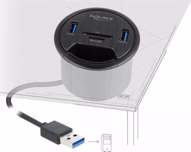 Delock 2 Port Tisch-Hub 2 x SuperSpeed USB Typ-A und Card Reader für SD und Micro