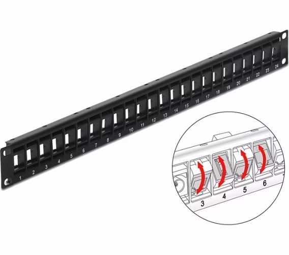 Delock 19” Keystone Patch Panel 24 Portů naklápěcích černý