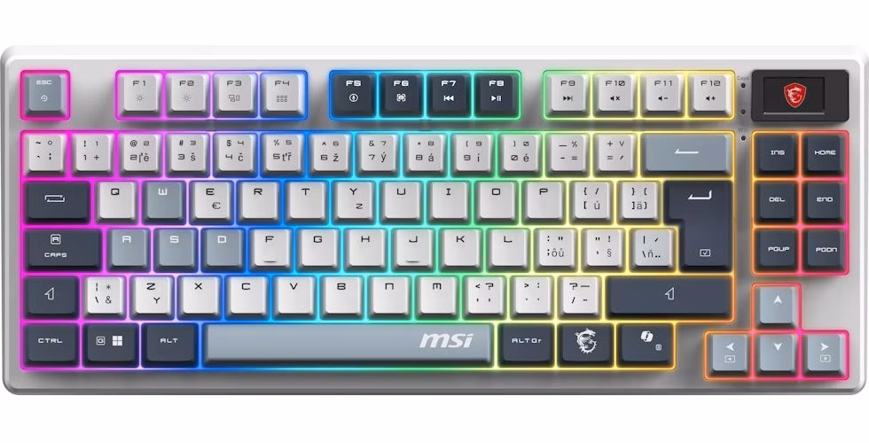 MSI herní klávesnice FORGE GK600 TKL Sky/ bezdrátová 2,4GHz+BT/ mechanická/ RGB/ USB-C/ display/ CZ+SK layout
