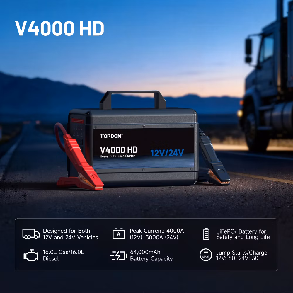 TOPDON Car Jump Starter V4000 HD/3000A (24V)/4000A (12V)/24000mAh/16l benzín/16l diesel/LED svetlo |