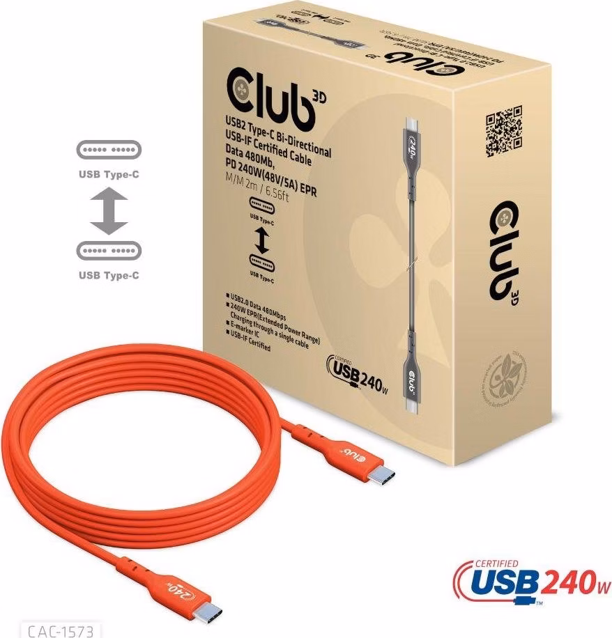 Club3D kabel USB-C, Oboustranný USB-IF Certifikovaný data kabel, Data 480Mb,PD 240W(48V/5A) EPR M/M 2m