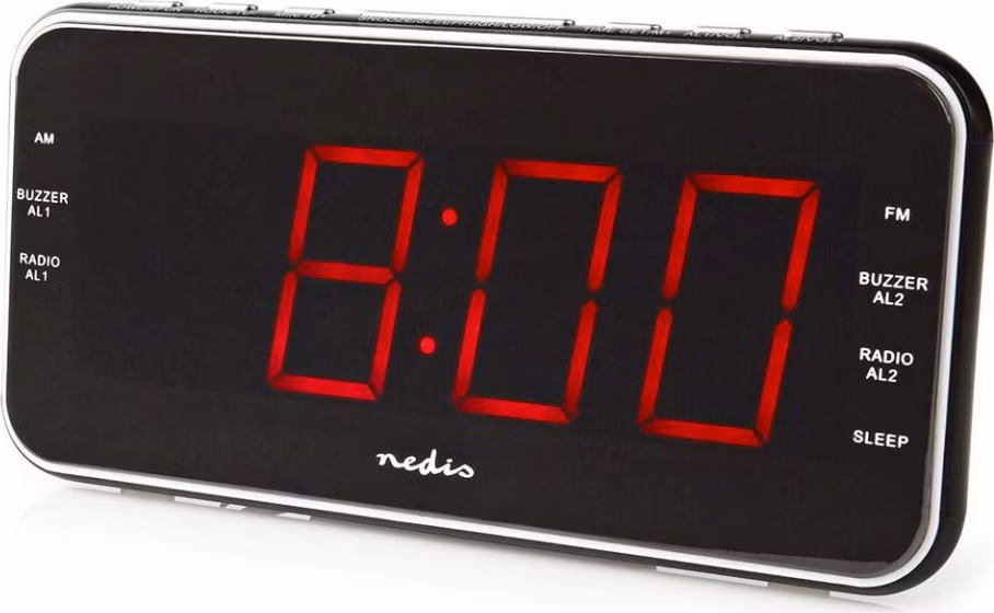 NEDIS digitální budík s rádiem/ LED displej/ 3,5 mm jack/ AM/ FM/ odložené buzení/ časovač vypnutí/ 2 alarmy/ černý