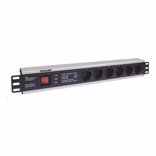Intellinet 19" 1.5U Rackmount 6-Way Power Strip - nemecký typ, distribučný panel, 6x DE zásuvka, 3m kábel, prepäťová ochrana