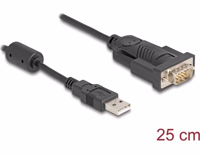 Delock Adaptér z USB 2.0 Typu-A na 1 x Sériové RS-232 D-Sub 9 pin zástrčkové rozhraní s feritovým jádrem, 0,25 m