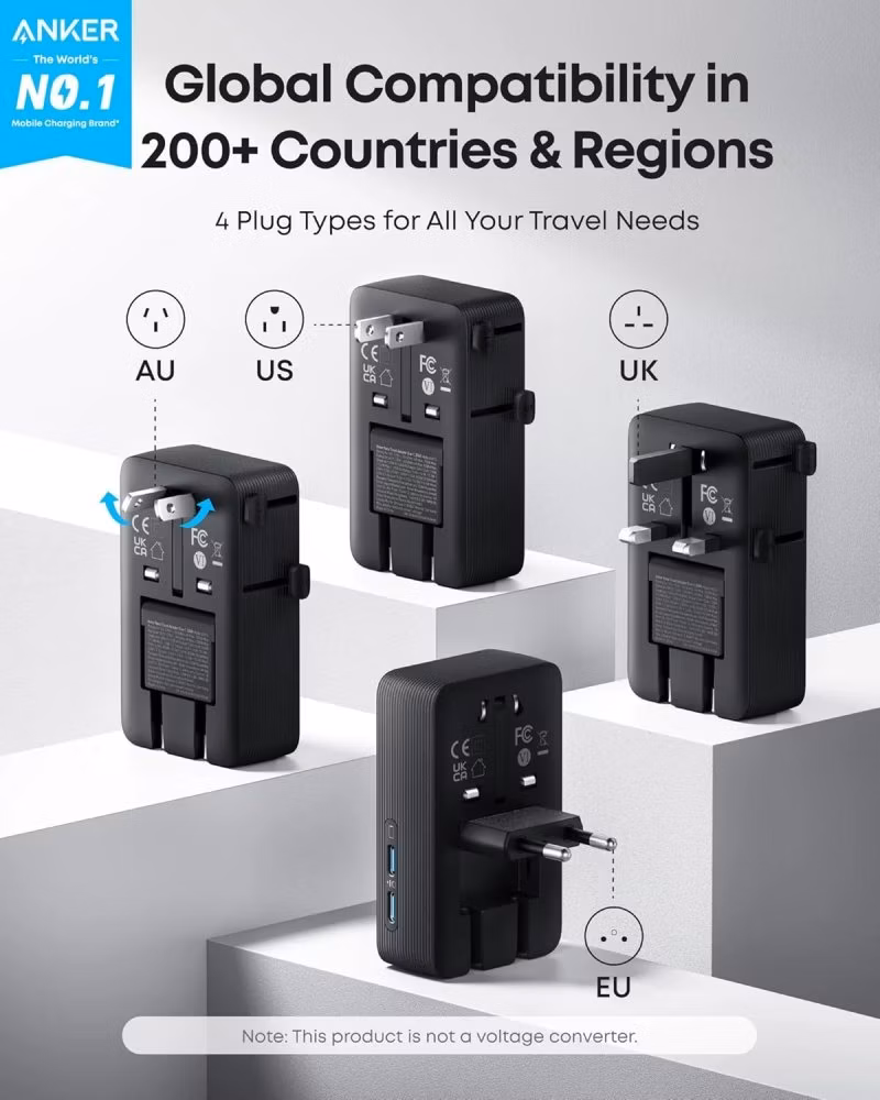 Anker Nano cestovní adaptér/ 5v1/ 20W/ 2x USB-C/ 2x USB/ UK/US/AU/EU/ černý