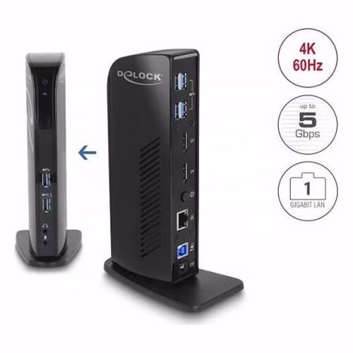 Delock Dokovací stanice USB, duální DisplayPort, 4K / USB 3.2 / LAN / Audio (Displaylink)