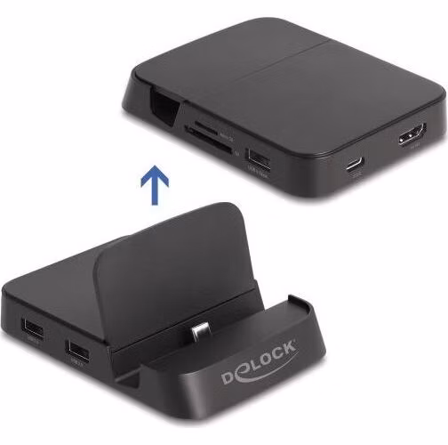 Delock Dokovací stanice na chytré telefony s rozlišením 4K a s integrovaným držákem — HDMI, USB, Hub, SD a Micro SD