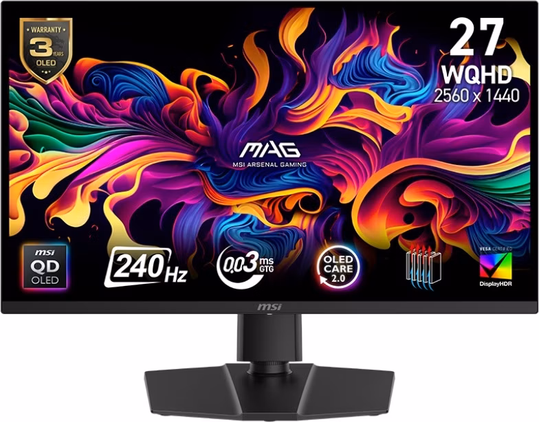 MSI Gaming MAG 271QP QD-OLED X24/ 26,5"/ 2560x1440 /QD-OLED/ 0,03ms/ 240Hz/ 1000cd/m2/ 1500000:1/ HDMI/ DP/ VESA/ černý