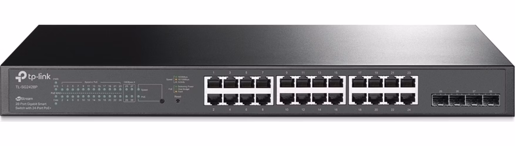 Omada 28-Port PoE+ Gigabit Smart Switch with 4 SFP Slots PORT: 24× Gigabit PoE+ Ports, 4× Gigabit SFP Slots SPEC: 802.3a
