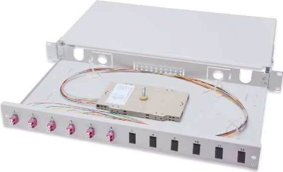 Digitus Fiber Optic Sliding Splice Box, 1U, Equipped 6x LC duplex, incl. M 25 Screw, Splice Cassette OM4 Color Pigtails, Adapter