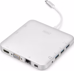 DIGITUS Univerzální dokovací stanice, USB-C, 11 portů 3x video, 1x USB-C, 3x USB3.0, RJ45, 2x čtečka karet, stříbrná hlíník