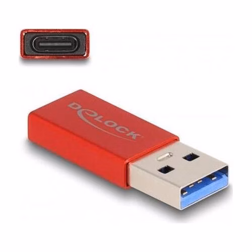 Delock Adaptér USB 10 Gbps, ze zástrčkového konektoru USB Typu-A na zásuvkový konektor USB Type-C™, aktivní červená