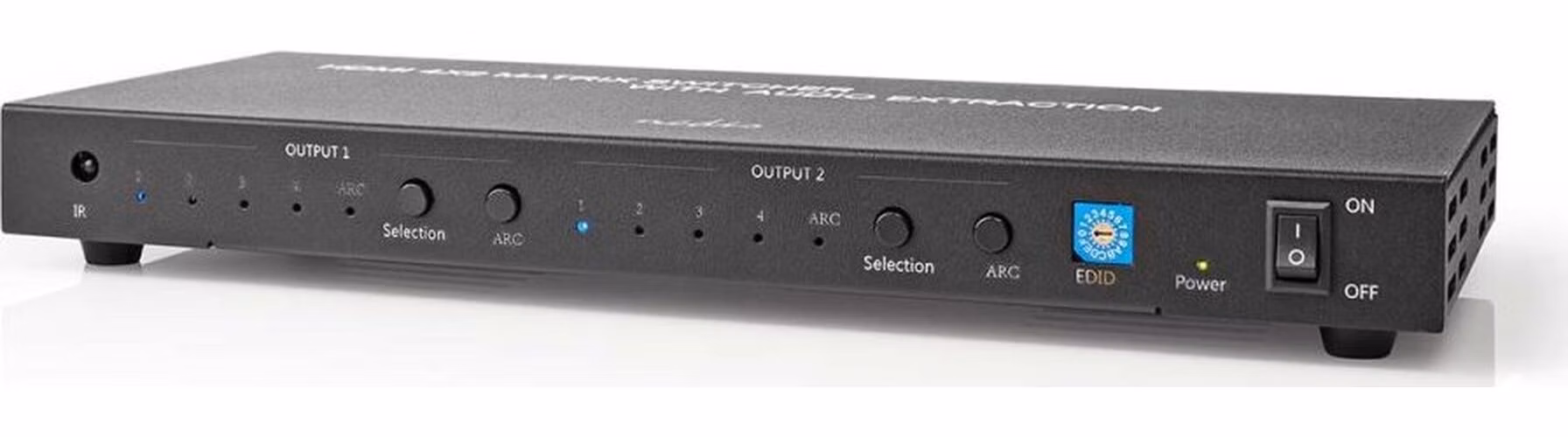 NEDIS HDMI přepínač/ 4x HDMI vstup/ 2x 3.5 mm/ 2x HDMI výstup/ 2x TosLink/ 4K@60Hz/ 18 Gbps/ dálkově ovládaní/ kov/antra