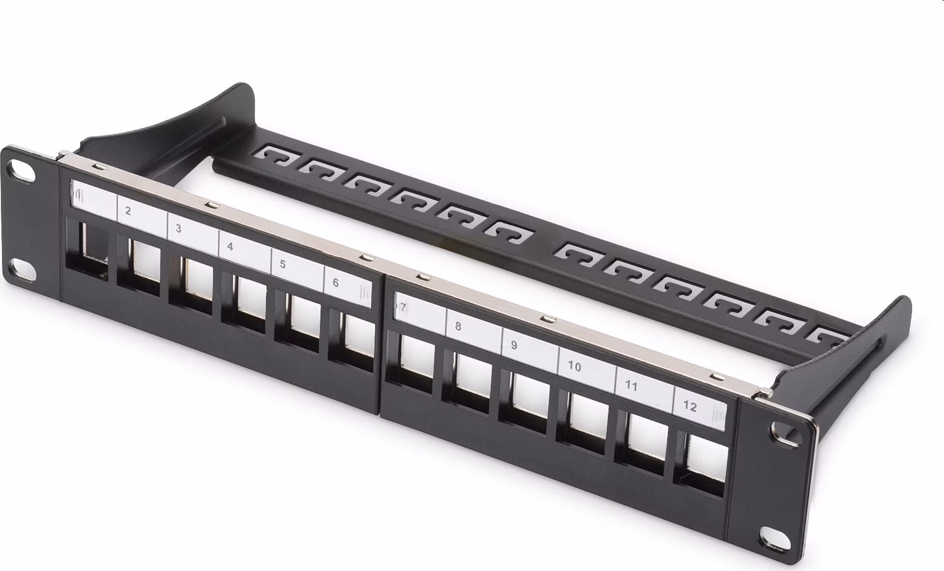 DIGITUS Modulární propojovací panel, stíněný, 12 portů, 1U, 254 mm (10 "), montáž do stojanu, černá RAL 9005