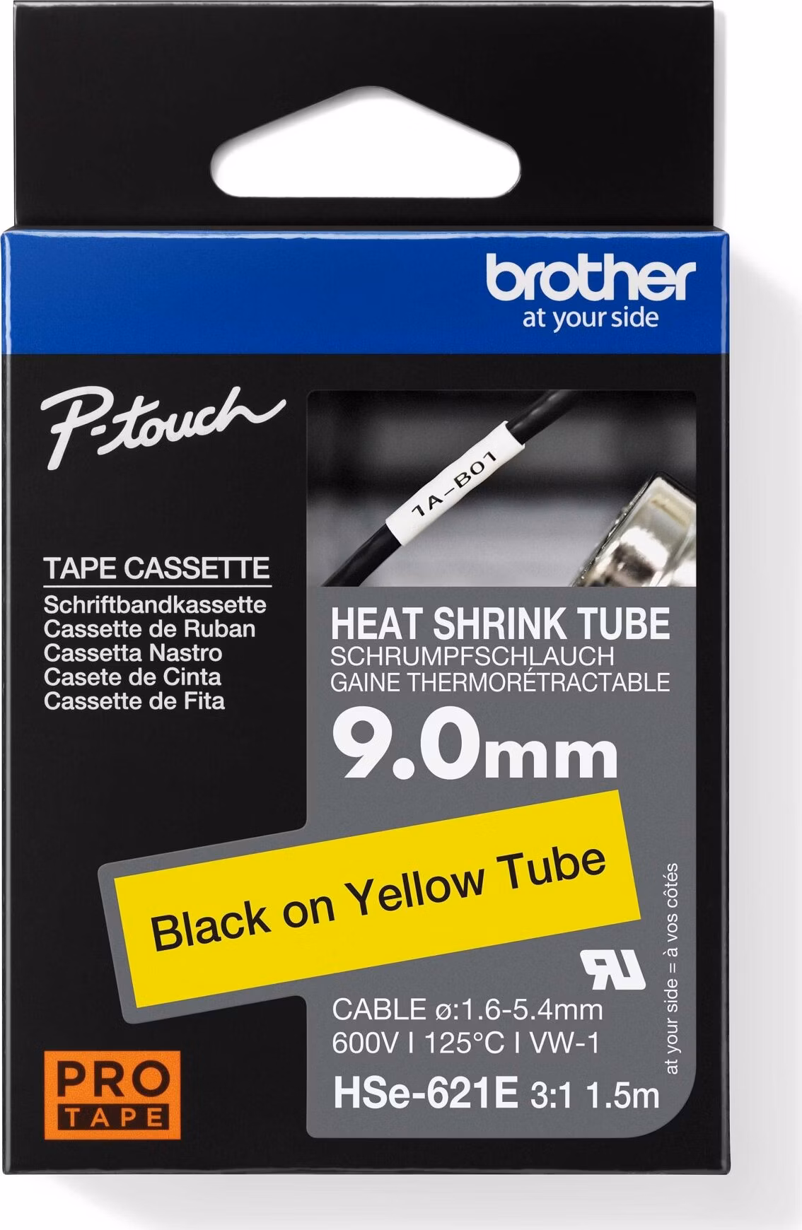 BROTHER smršťovací bužírka - HSE-621E žlutá pro E300VP H300 H500 E550 P700 P750 D800 P900 P950 - 9,0mm / 1,6-5,4 / 3:1