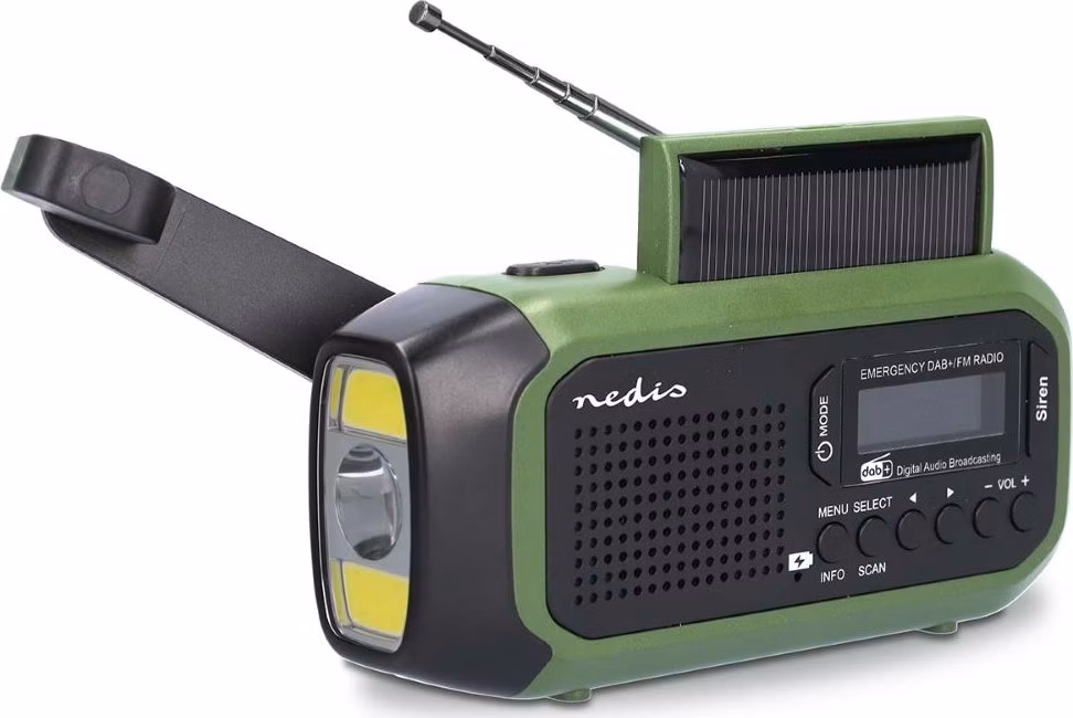 NEDIS přenosné nouzové rádio/ napájení z baterie 2500 mAh/ z USB/ solární panel/ DAB+ / FM/ budík/ světlo/ černo-zelené