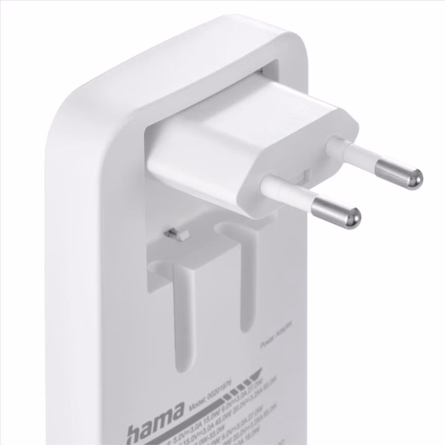 Hama rýchla USB nabíjačka GaN 2x USB-C + USB-A, PD/QC 65 W, plochá, skladacia