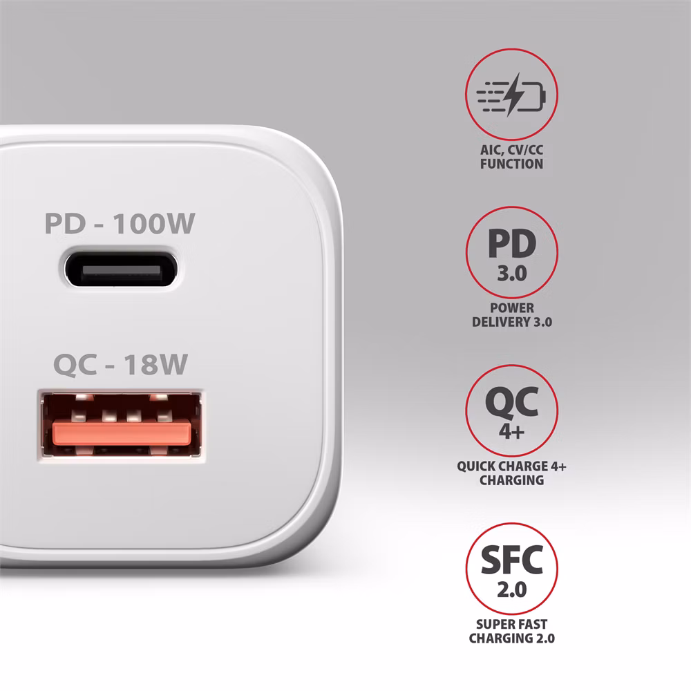 AXAGON ACU-PQ100W, GaN nabíjačka do siete 100W, USB-A+USB-C, PD3.0/PPS/QC4+/SFC2.0/Apple, biela