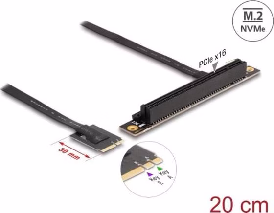 Delock Adaptér M.2 klíč A+E na PCIe x16 NVMe, pravoúhlý, s kabelem délky 20 cm