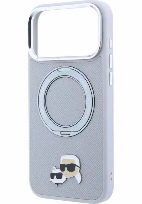 Karl Lagerfeld PU Grained K&amp;CH Heads Ring Stand Magsafe kryt iPhone 18 Pro Max šedá