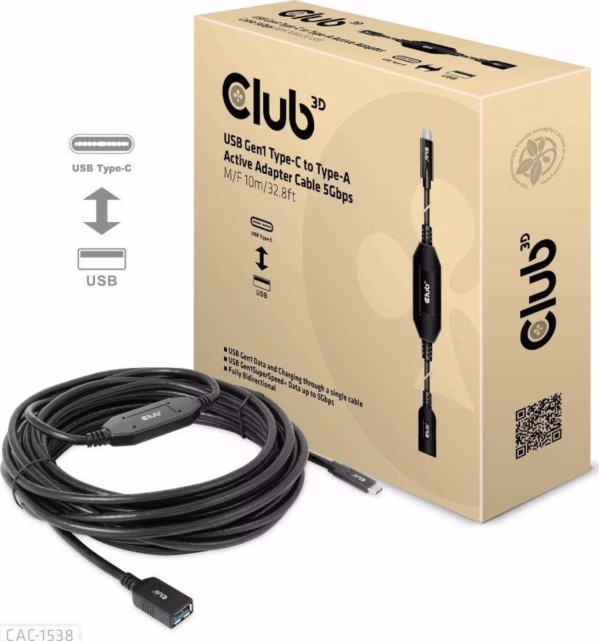 Club3D Kabel USB-C na USB-A, Aktivní adaptér/kabel, 5 Gbps (M/F), 10m