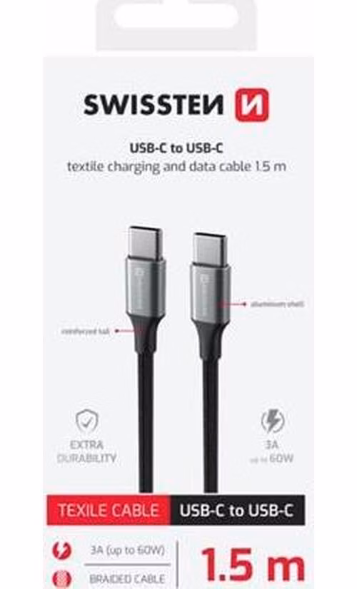 SWISSTEN DATOVÝ KABEL TEXTILE II USB-C / USB-C 1,5 M ČERNÝ