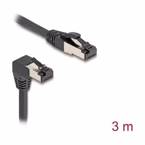 Delock Síťový kabel RJ45 Cat.8.1 S/FTP, zalomený dolů o 90° / přímý, 3 m, černý